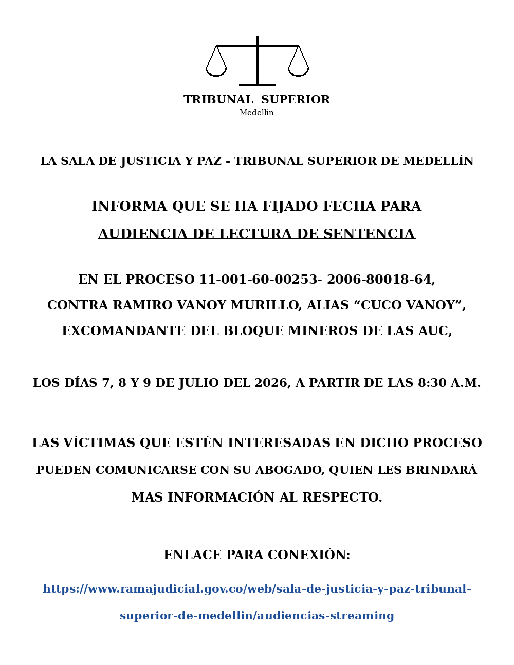 Aviso Carteleras - Audiencia Lectura de Sentencia Bloque Mineros