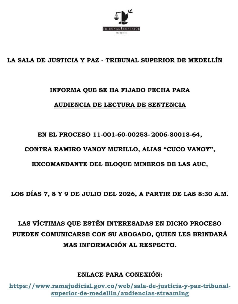 Aviso audiencia de lectura de sentencia - Bloque Mineros - 7, 8 y 9 de julio de 2026